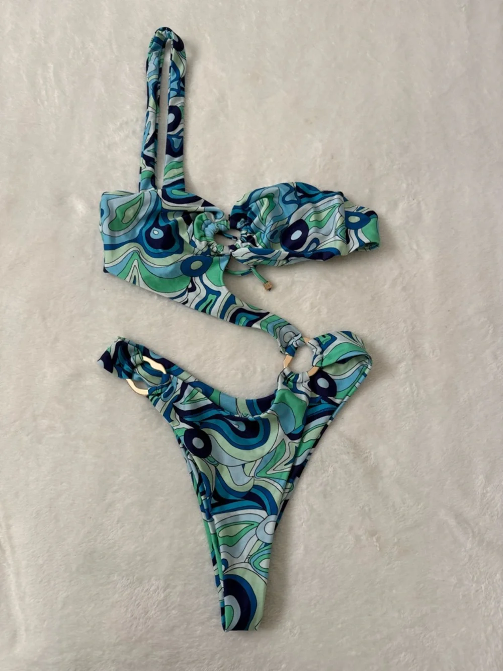 Kamari Swim Blue Green Retro Print Cutout Bikini Set Medium NWT - Picture 3 of 9